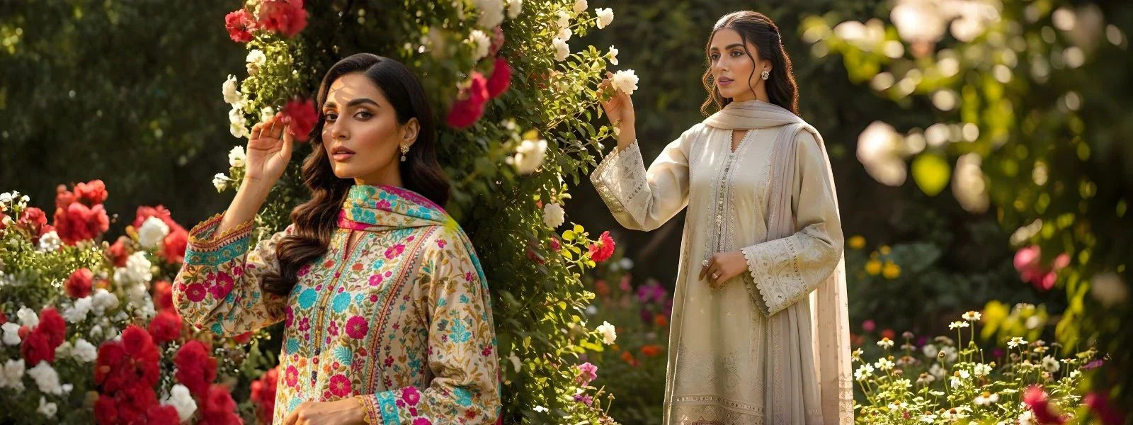 Pakistani woman wearing a colorful embroidered 3-piece lawn suit, posing in a sunlit summer garden, showcasing traditional yet modern women’s fashion trends for online shopping in Pakistan